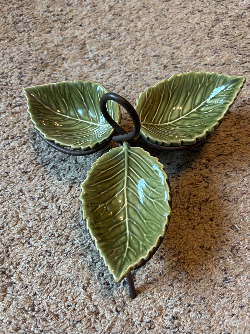Williams Sonoma Green Leaf Ceramic Triple Serving Dish